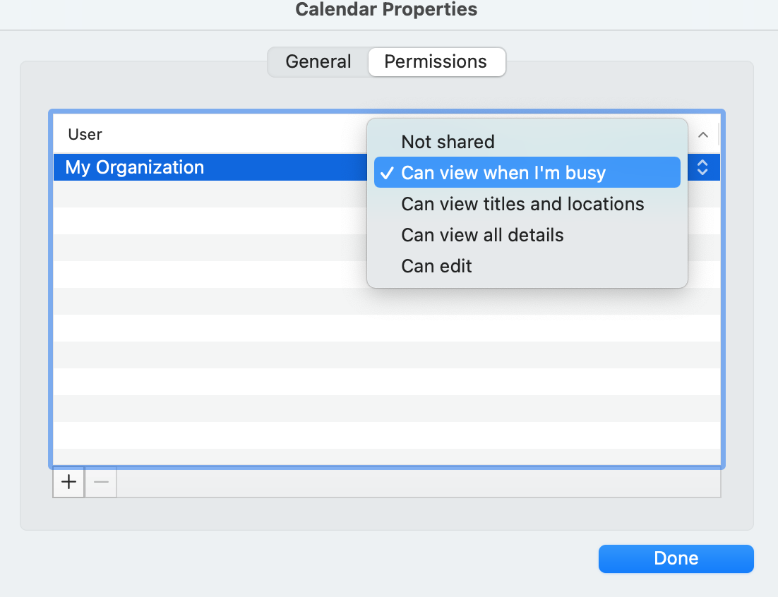 Calendar properties window and permissions tab. Permissions list is open.