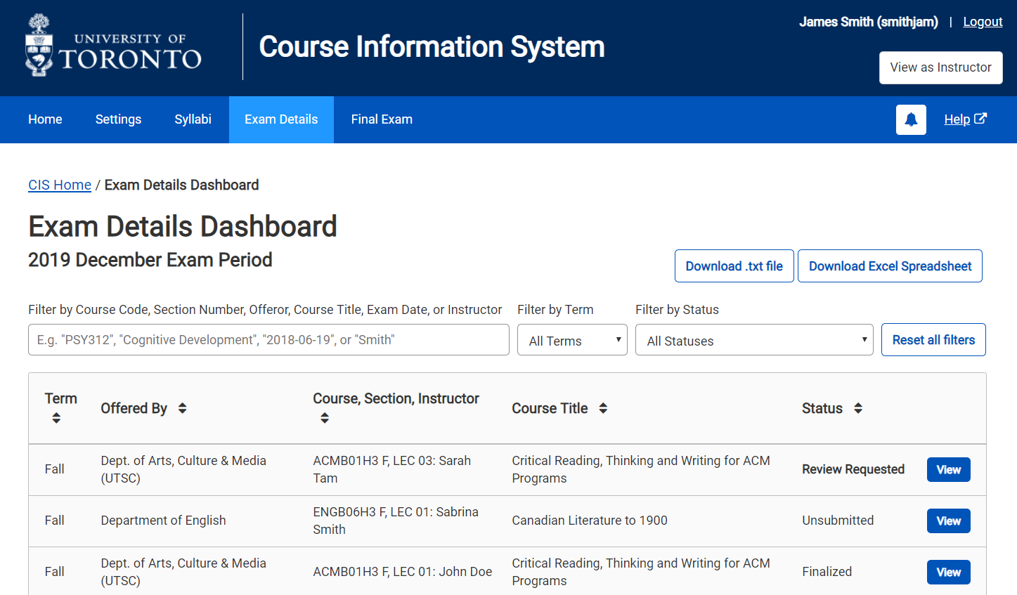 Exam Details Module - Dashboard