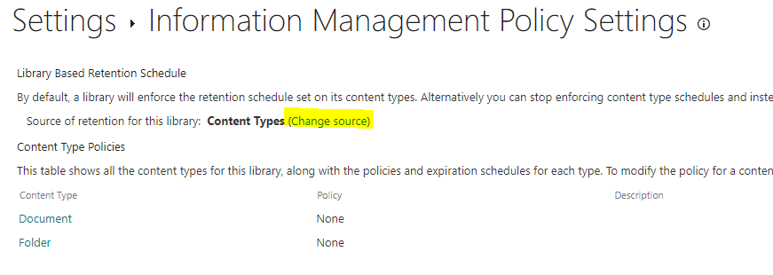 Informanation Policy settings screen