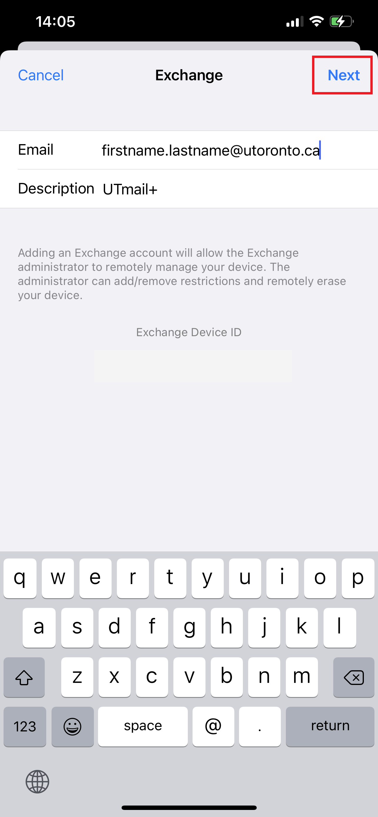 A screenshot of the Exchange screen with the text fields filled out and Next button highlighted.