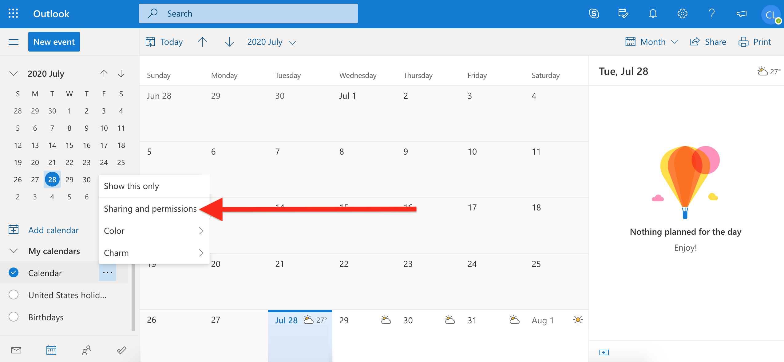 Calendar view in Outlook