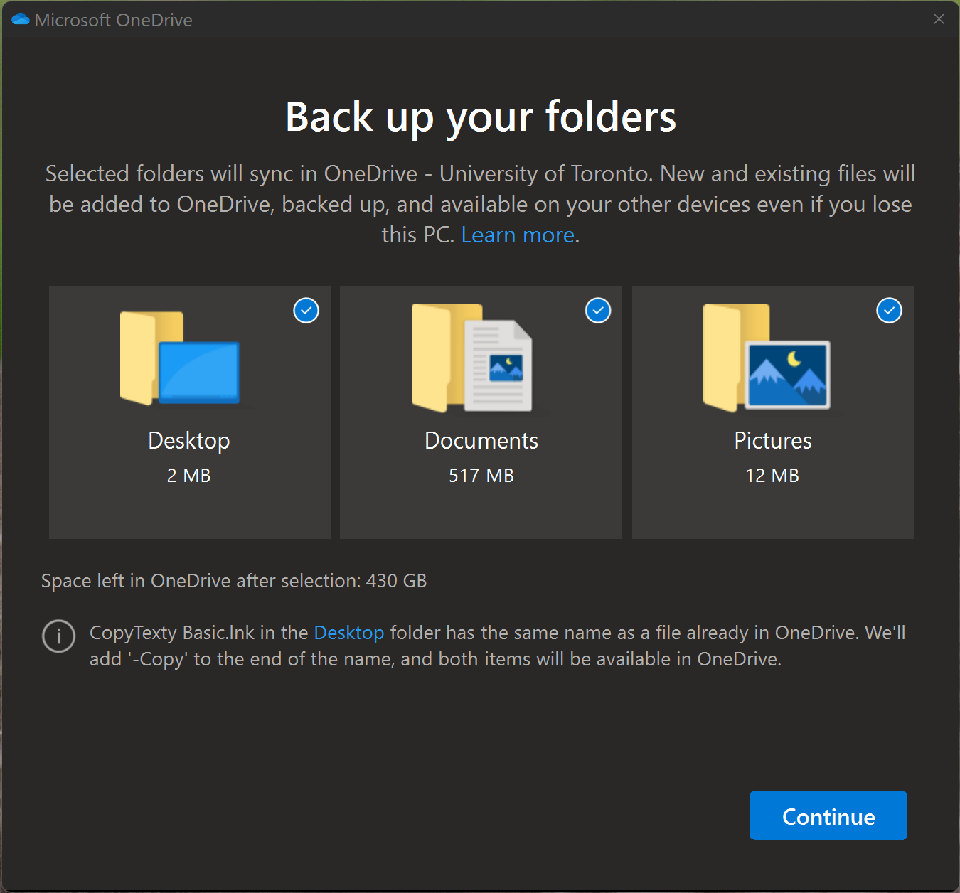 Back up your folders screen
