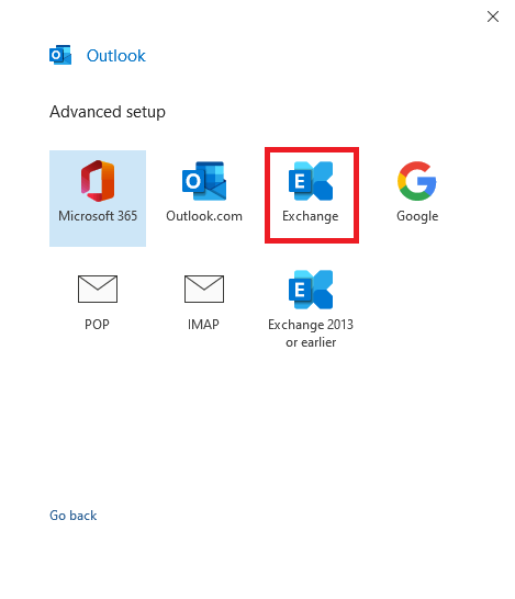 A screenshot of the Advanced setup screen for choosing the account type with Exchange highlighted.