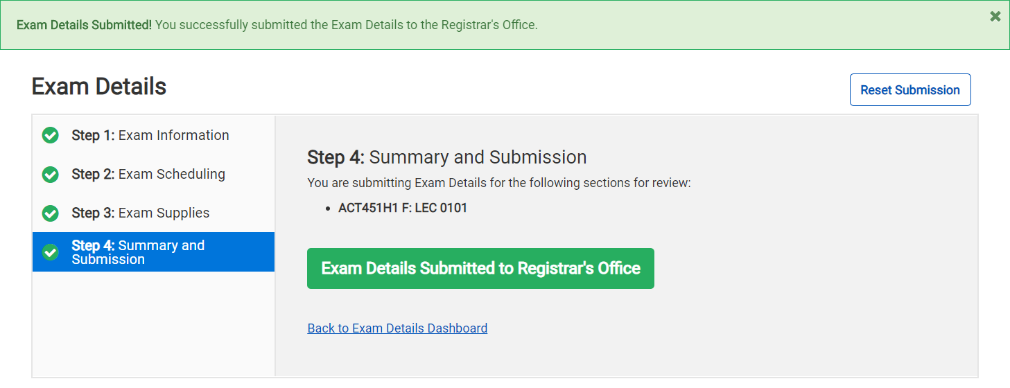 Exam Details Module - Summary & Submission