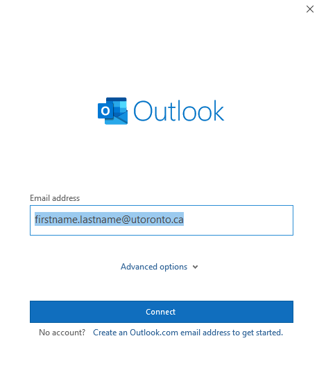 A screenshot of the Outlook application Welcome screen with the email address field filled out.