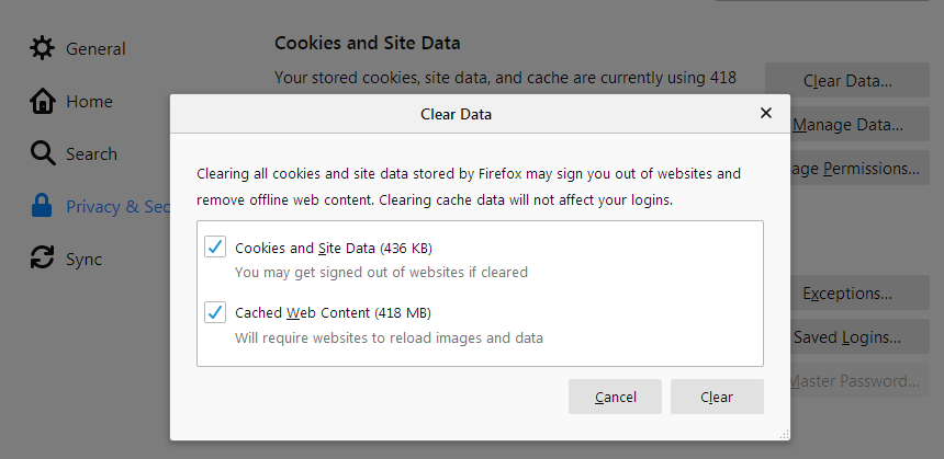 Firefox Clear Cookies