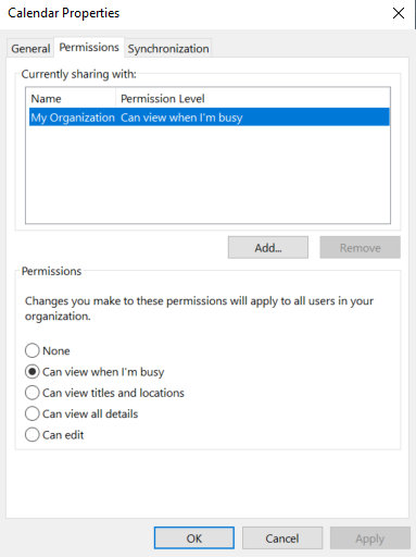 Calendar properties window and permissions tab