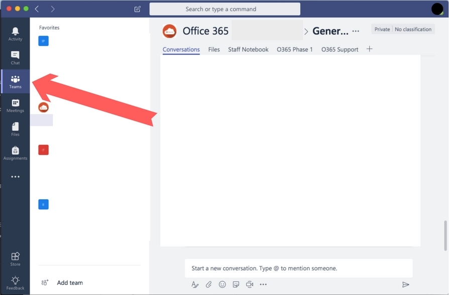 Microsoft teams with arrow pointing at Teams.