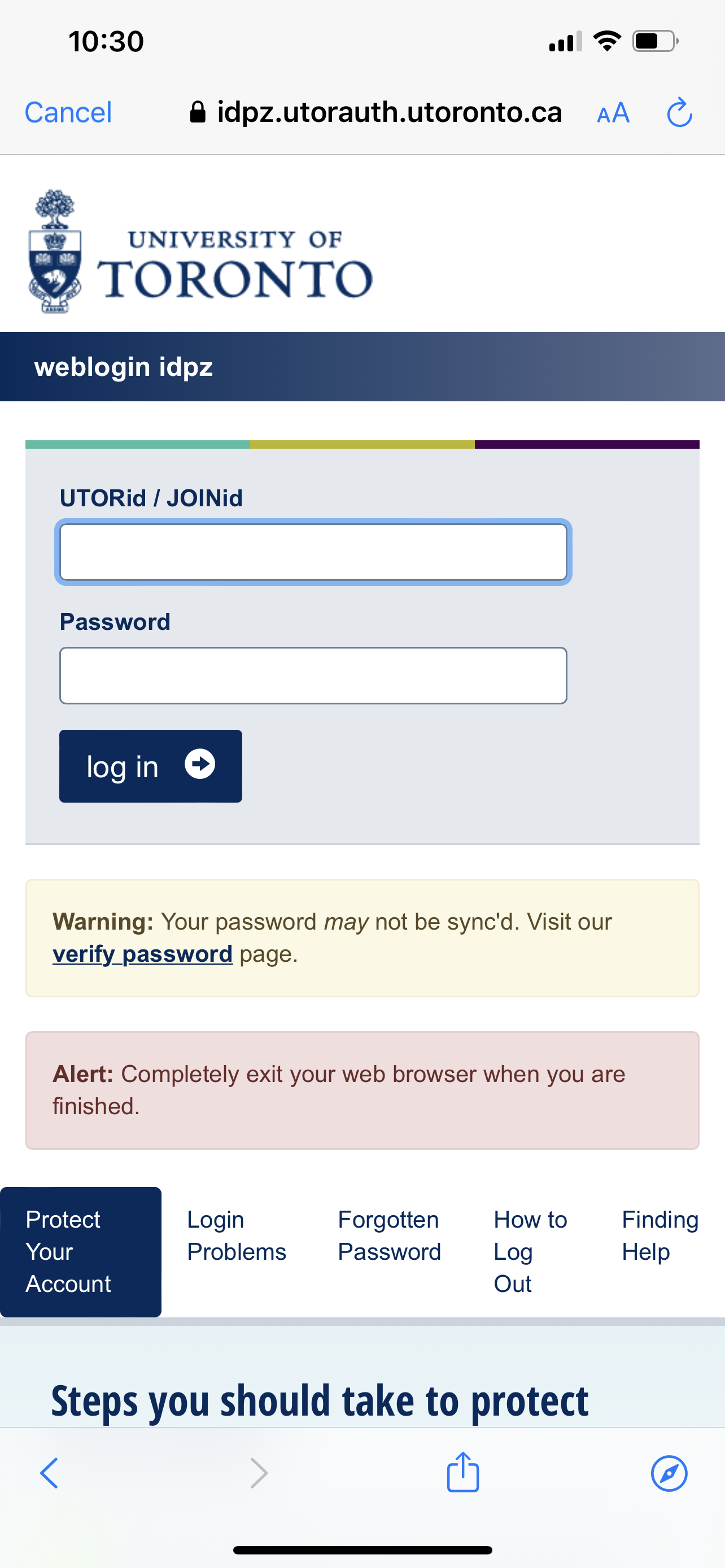 A screenshot of the Weblogin screen with UTORid and Password text fields and a blue log in button.