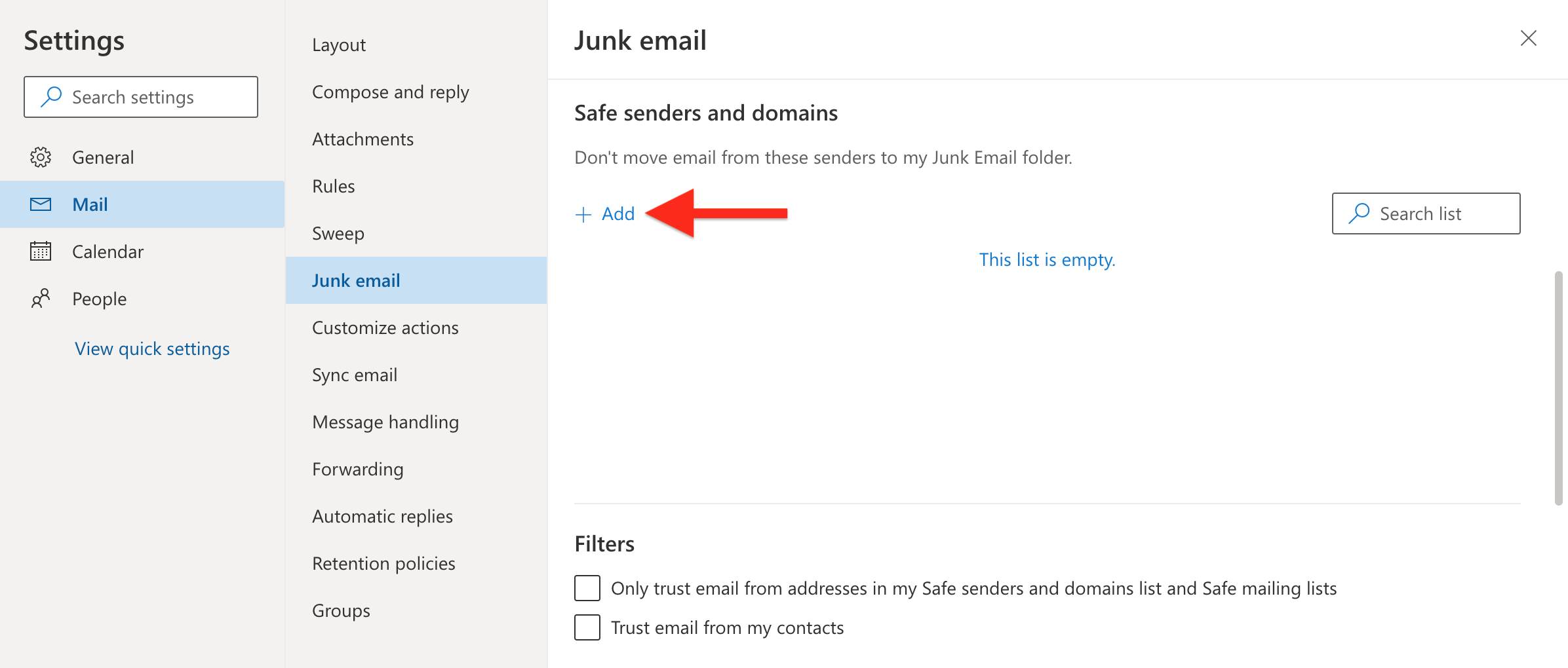 Junk email settings