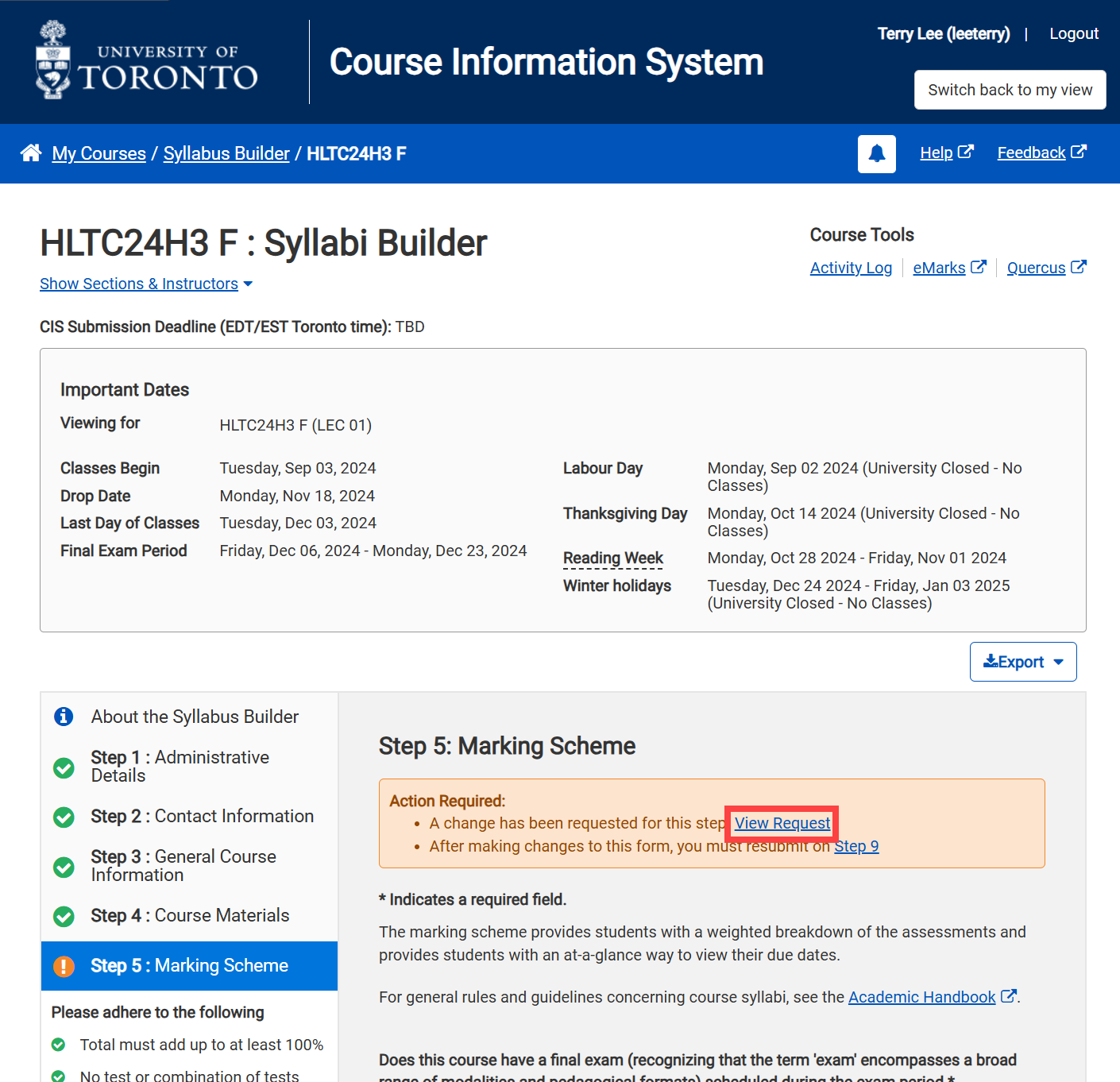 Syllabus Builder Module - View a Change Request