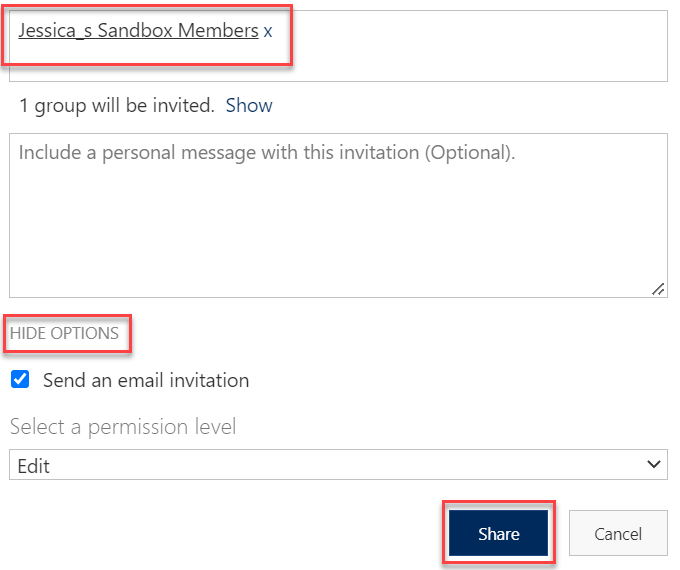 When granting permissions to a group, enter the group name and expand Show Options. Select Share to complete.