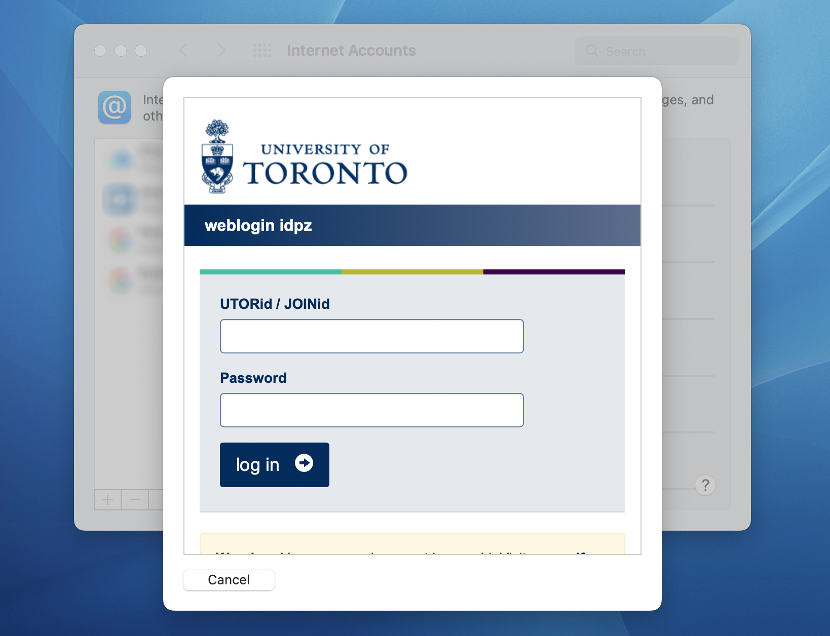 A screenshot of the University of Toronto weblogin page.