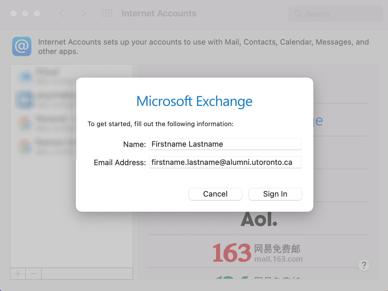 A screenshot of the Microsoft Exchange pop-up window.