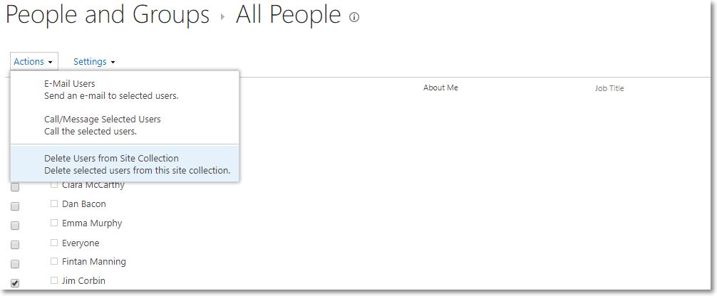 In the Actions menu, select Delete Users from Site Collection