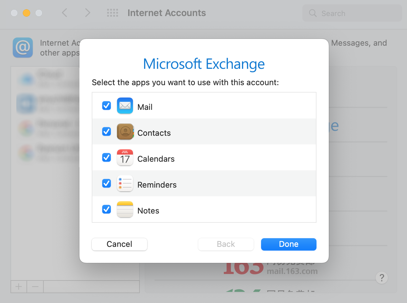 A screenshot of the Microsoft Exchange window asking which apps you would like to use with this account.