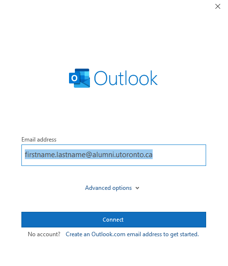 A screenshot of the Outlook application Welcome screen with the email address field filled out.