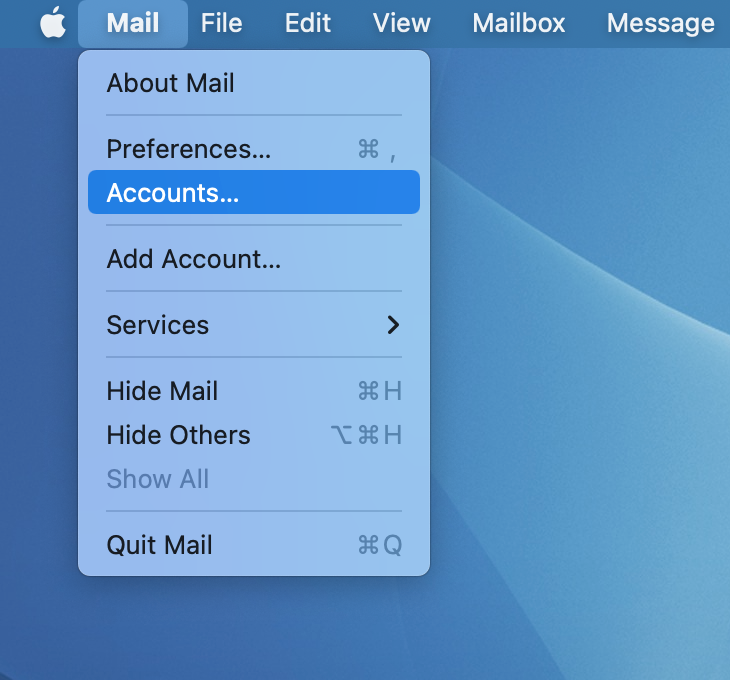 A screenshot of the Mail dropdown menu.