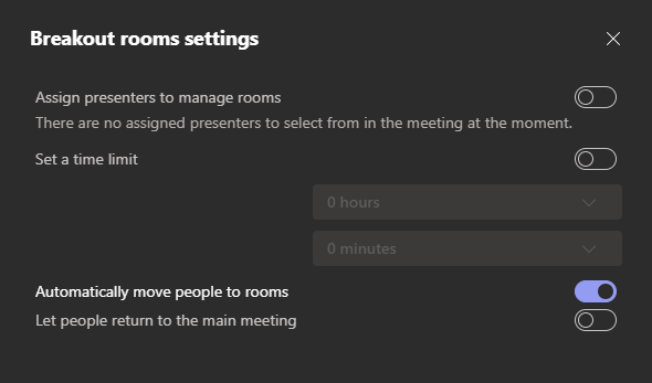 Breakout room settings.