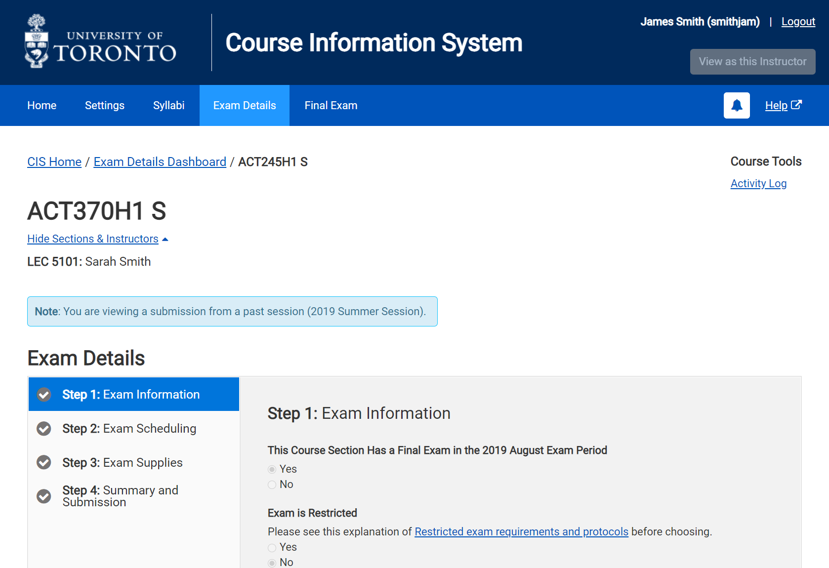 Exam Details Module - Past Session Submission