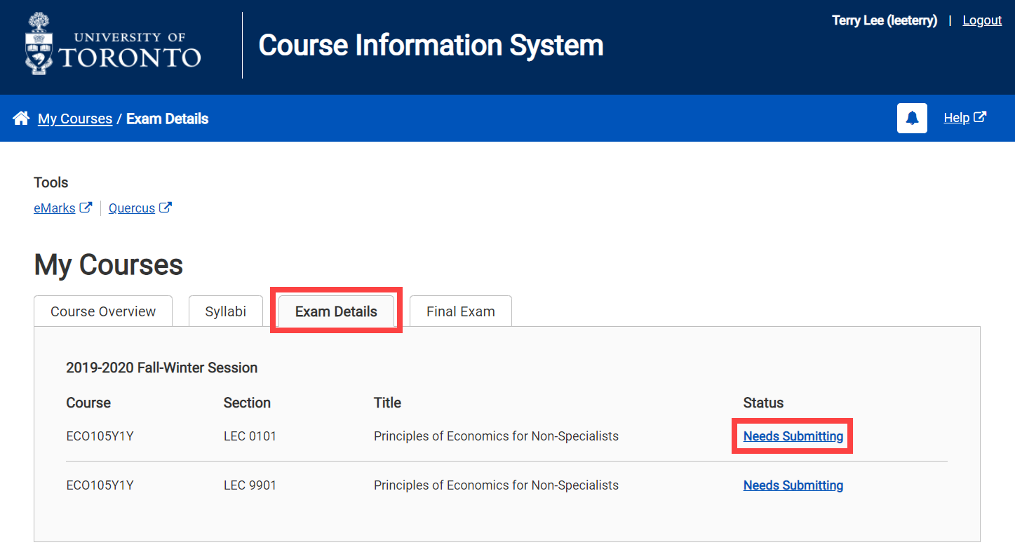 Instructor Home Page - Exam Details Tab