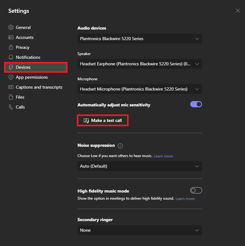 Settings panel