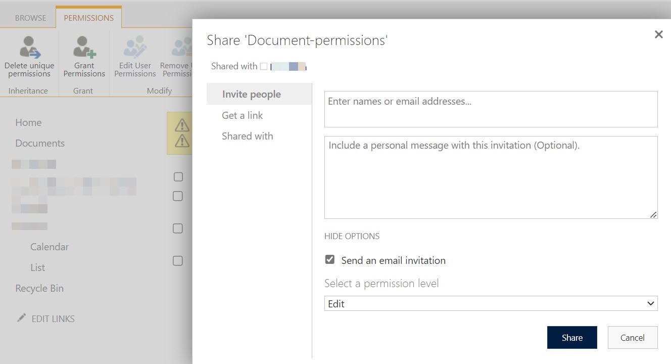 Direct access method of sharing in SharePoint