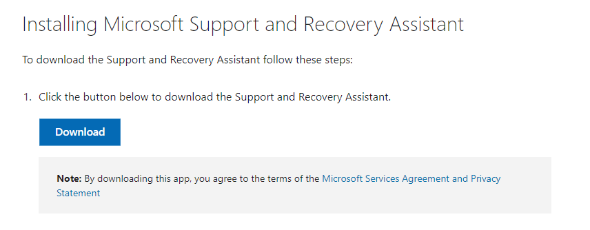 Microsoft Support and Recovery Assistant tool download on Microsoft website