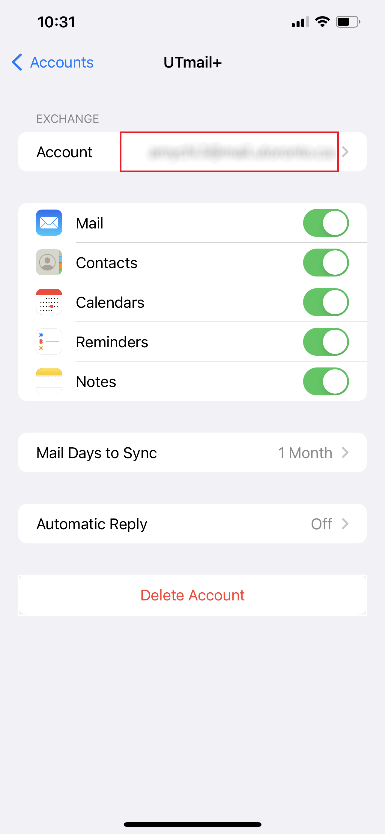 A screenshot of the Exchange email screen in the iPhone settings with the email field highlighted.