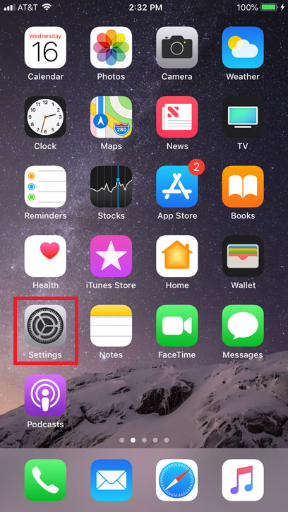 A screenshot of the iPhone home screen with the Settings application icon highlighted.