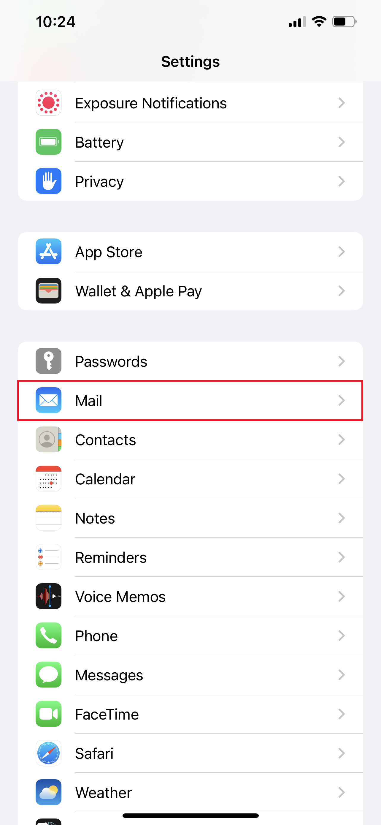 A screenshot of the Settings screen on the iPhone with the Mail listing highlighted.