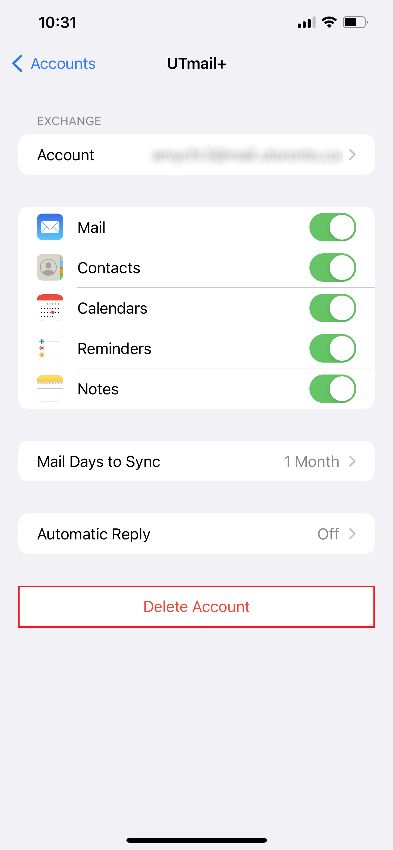 A screenshot of the Exchange email screen in the iPhone settings with the Delete Account button highlighted.