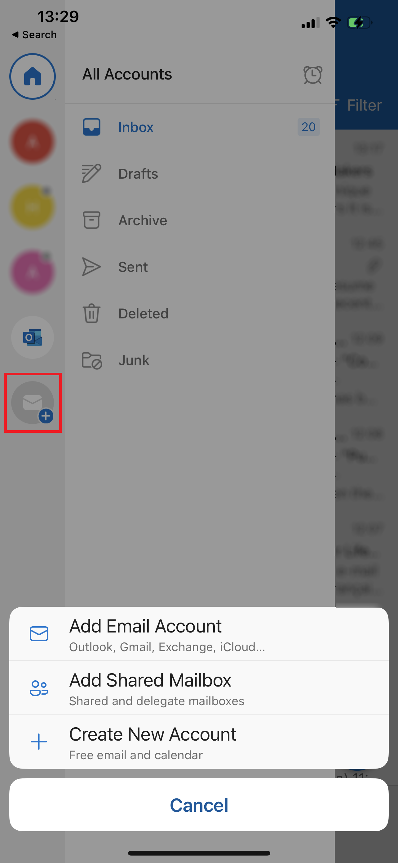 Outlook inbox left sidebar expanded