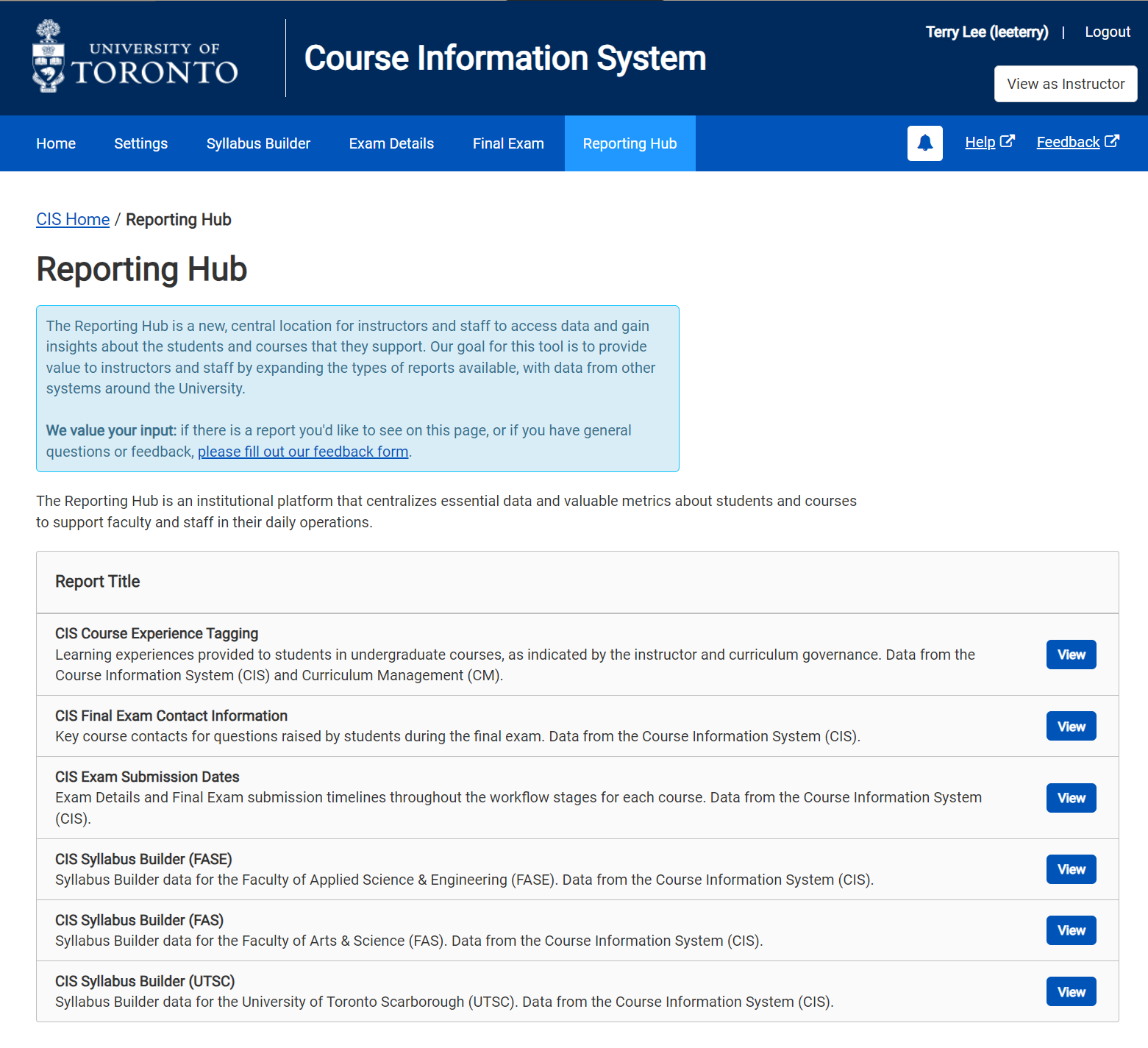 Reporting Hub Dashboard - A screenshot of the Reporting Hub dashboard in CIS, which displays a list of the available reports.