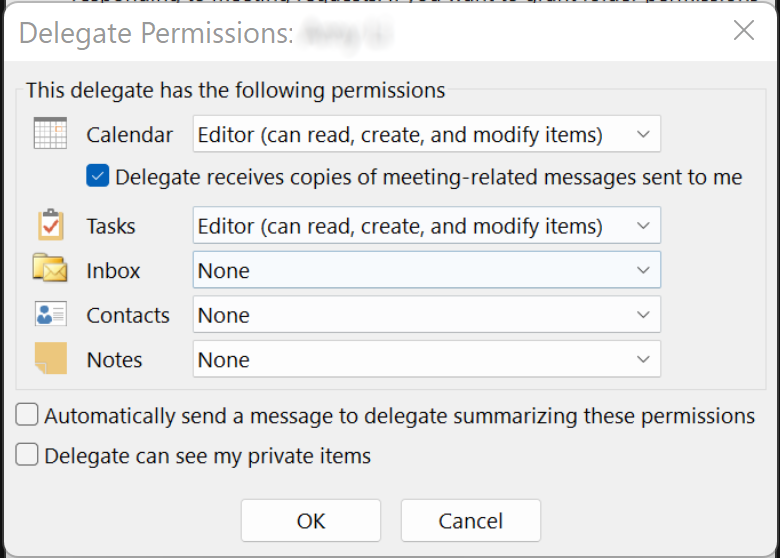 Delegate permissions window