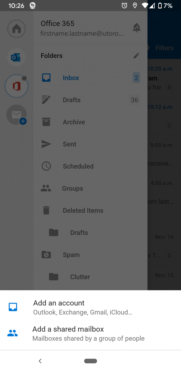 Outlook application side menu open