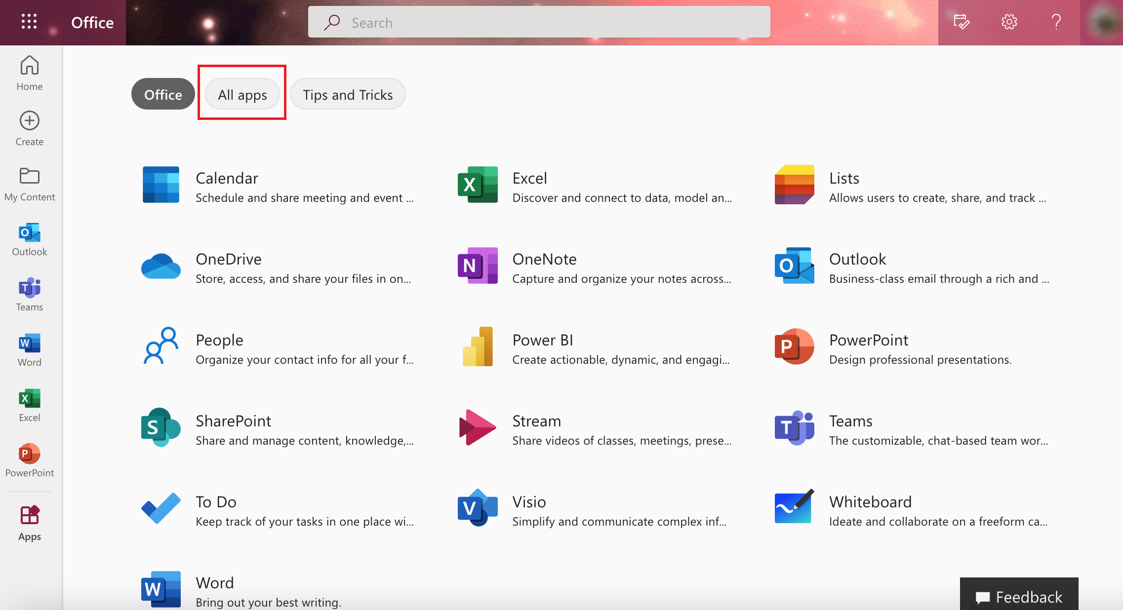 Office apps tab