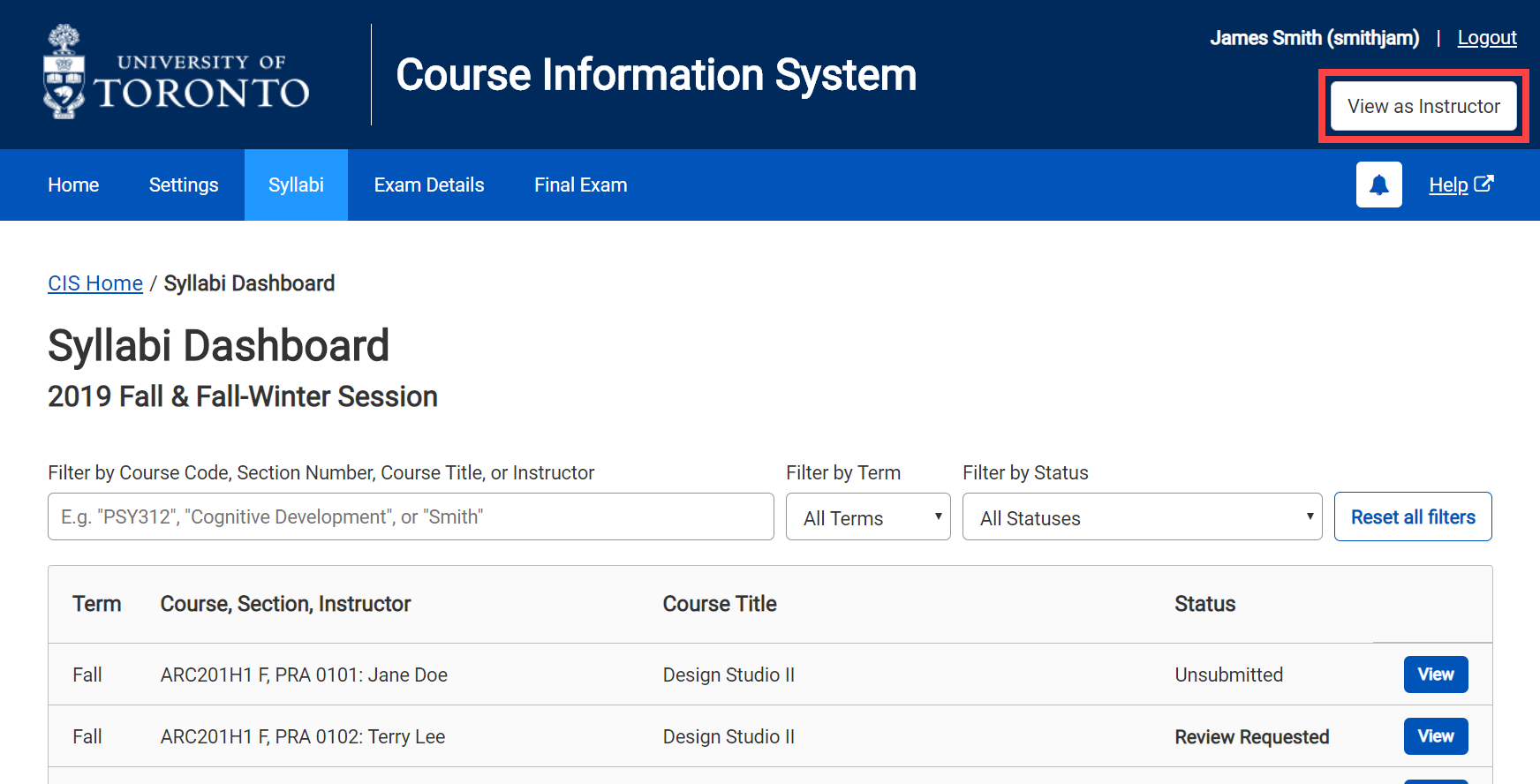 Instructor View - View as Instructor