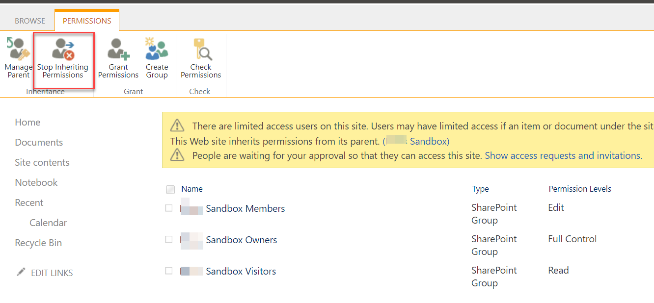 Enable unique permissions in a SharePoint subsite