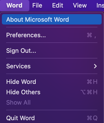 Word dropdown menu