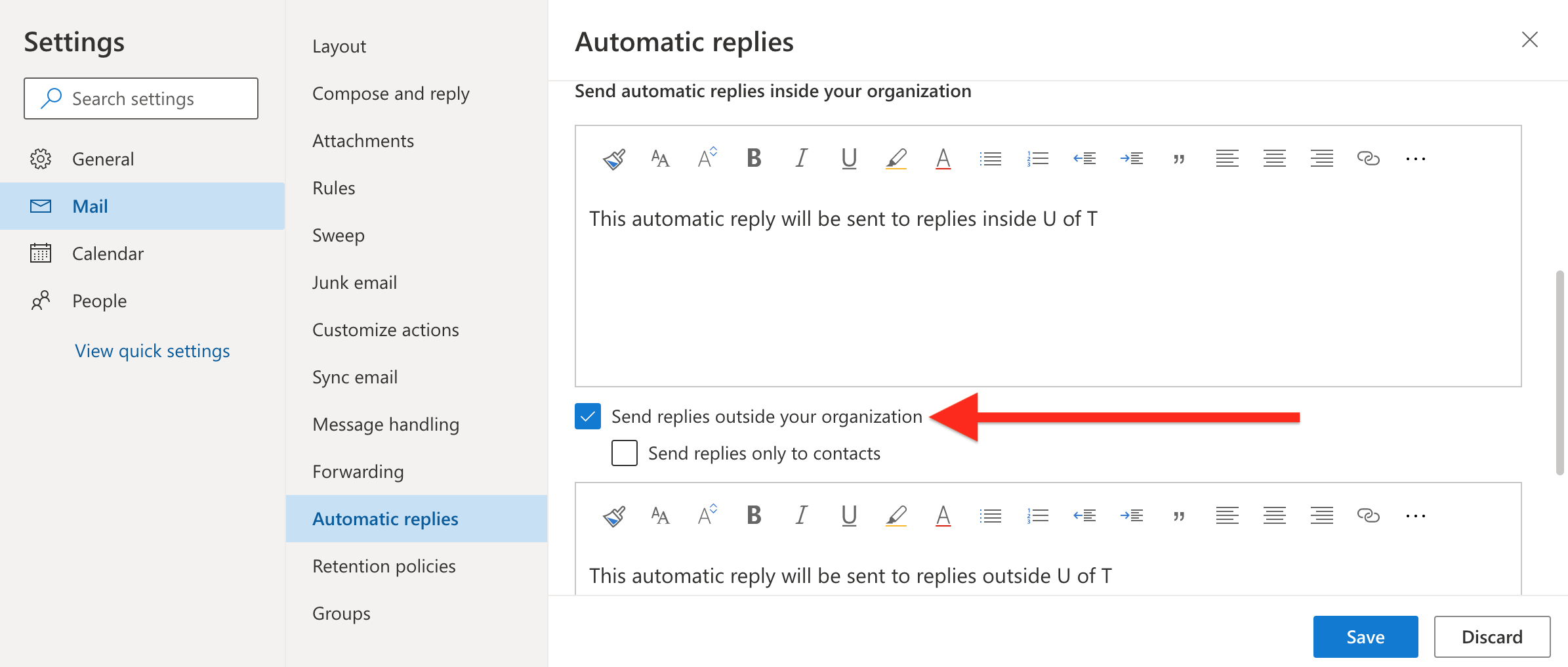 Checkbox for send replies outside your organization