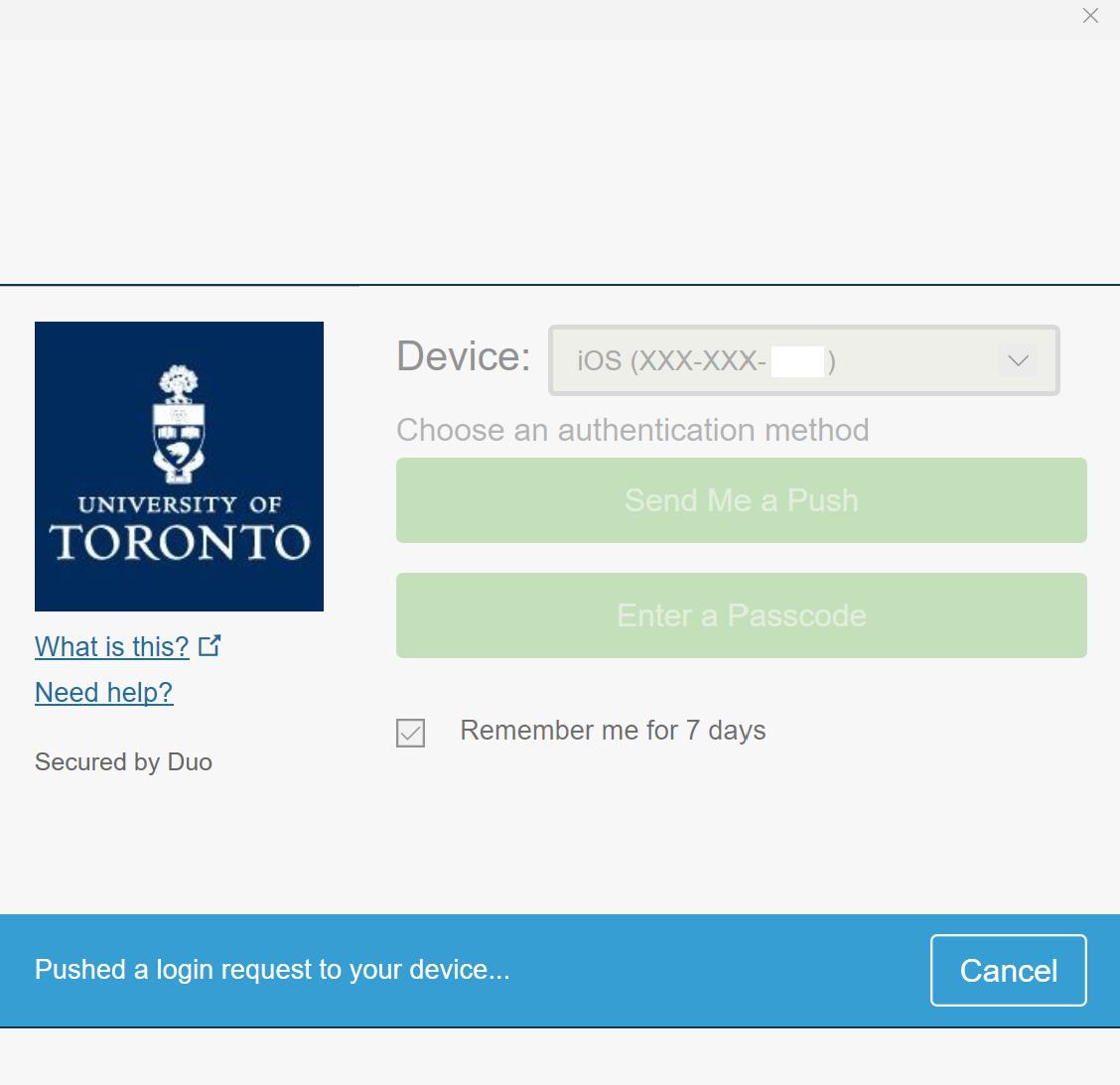 A screenshot of the University of Toronto Multi-Factor Authentication screen.