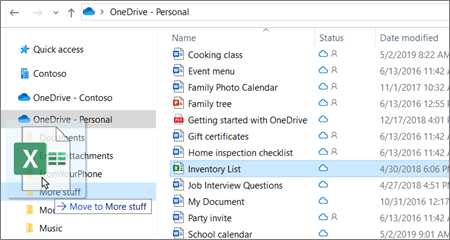 Shot of moving file into different folder in OneDrive.