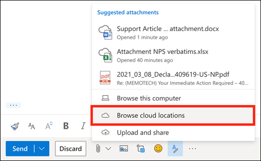 Attachment options with browse cloud locations highlighted.