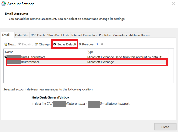 Account settings window with new shared mailbox added